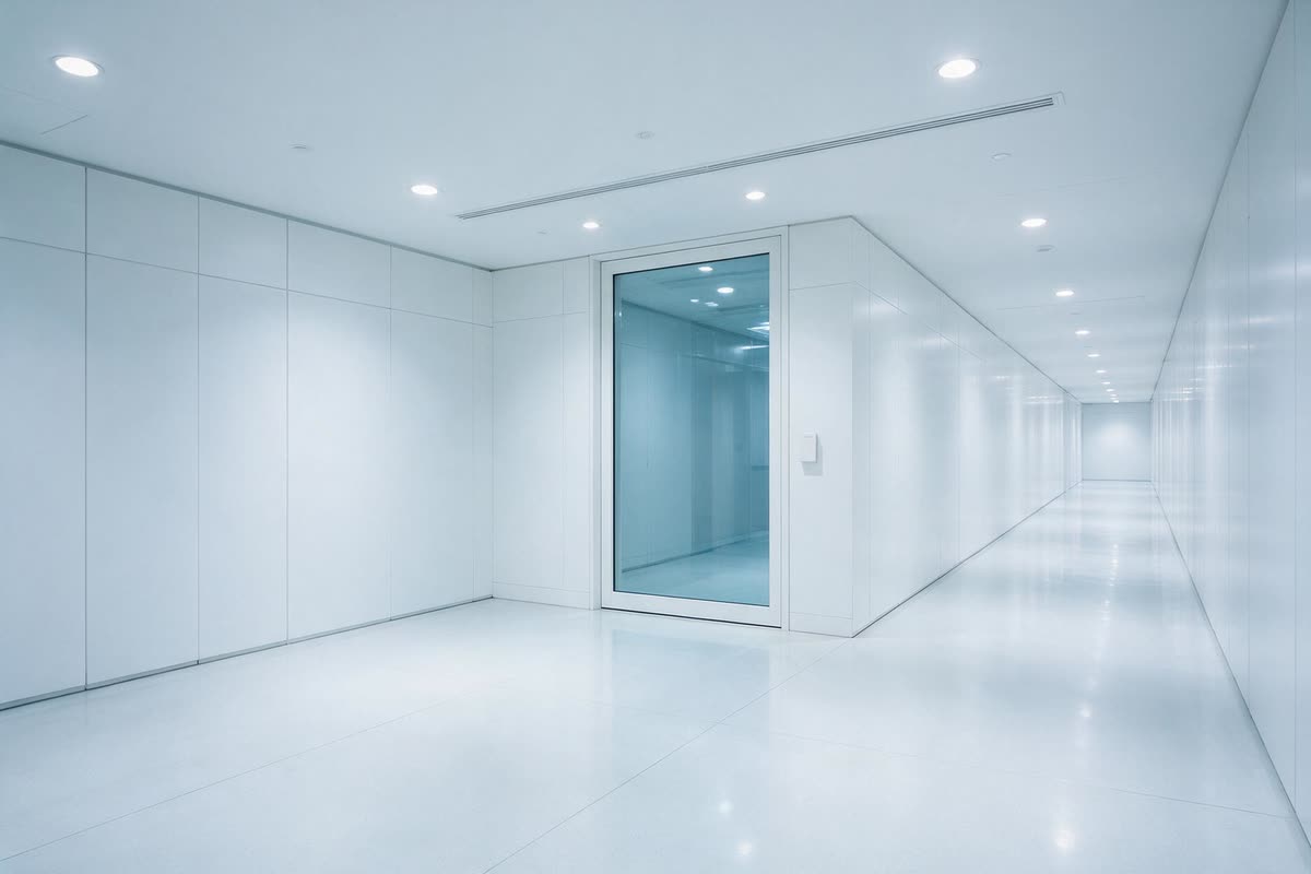 A bright data centre corridor leading to a closed secure door with a blank card reader.