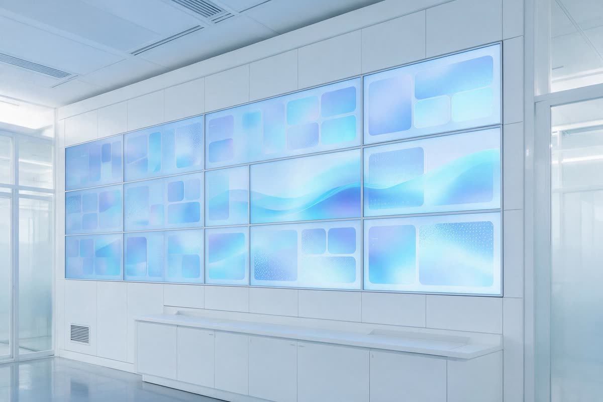 A wall of monitors in a bright operations room showing abstract pale-blue dashboards.
