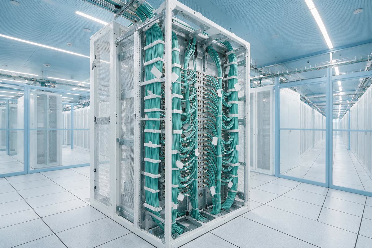 The rear of a white server cabinet with teal fibre and power cabling dressed in vertical combs.