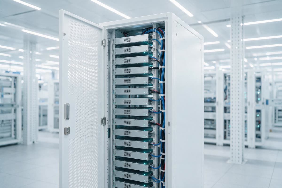 The same white GPU cabinet seen wider, its open door revealing stacked compute trays inside a bright data hall.